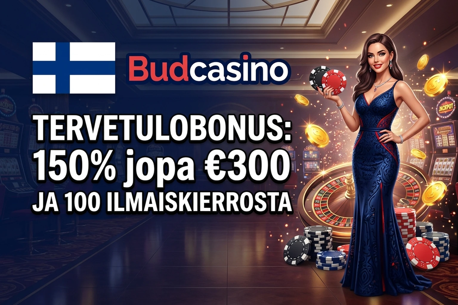 Budcasino Bonustarjous Suomessa: 150% €300 + 100 Ilmaiskierrosta